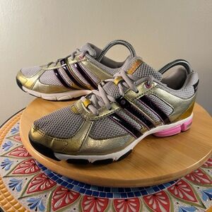 Adidas G53242 Sz 7 Womens Sneakers Grey Black Pink Stripes Gold Trim 3-D Cushion